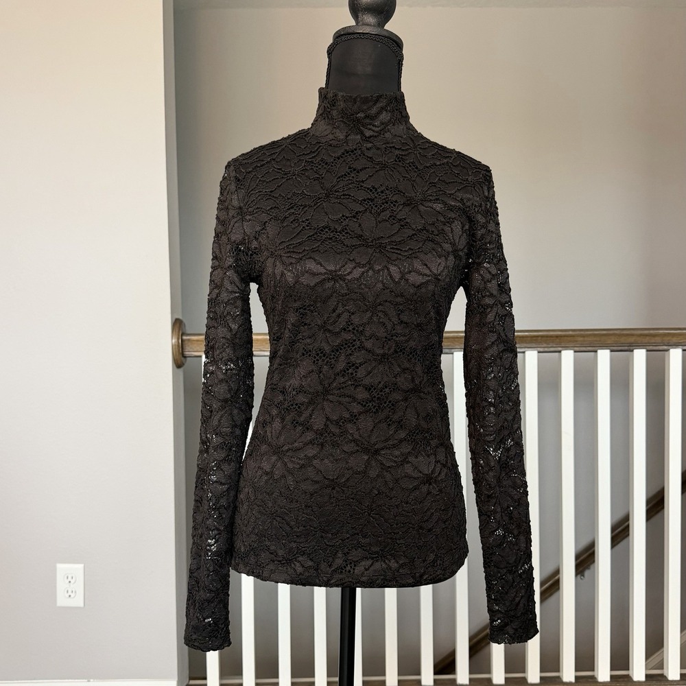 Hill House Pia Sheer Lace Top Floral Mock Neck Long Sleeve Black XS Romantic